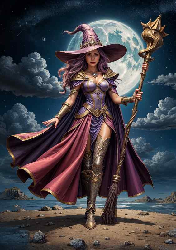 The female witch with her futuristic broom | Metal Poster