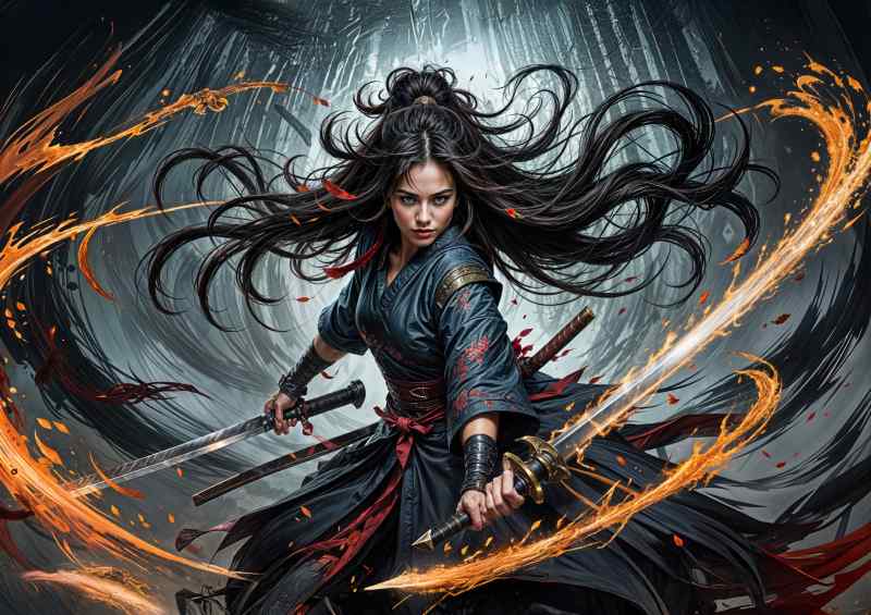Samurai lady in sword battle mode | Metal Poster