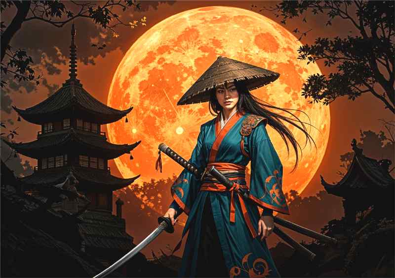 Warrior with orange moon | Metal Poster