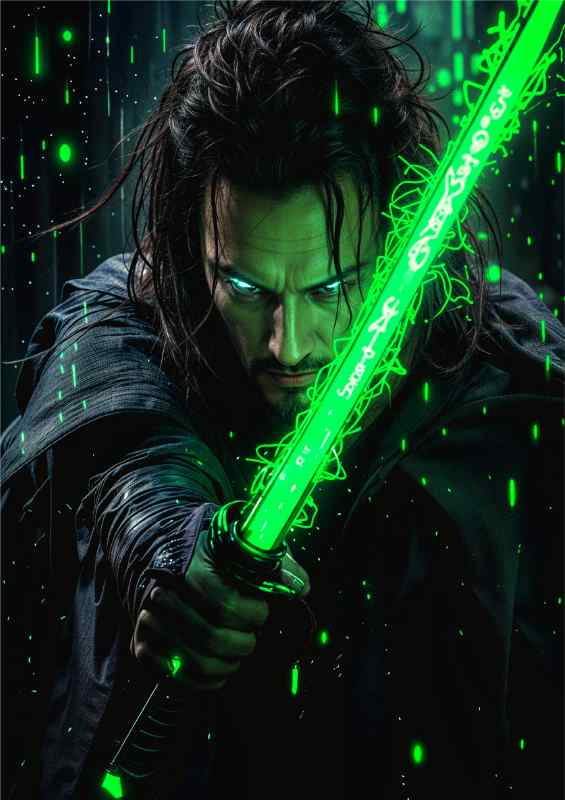 Samurai warrior with neon green sword | Metal Poster