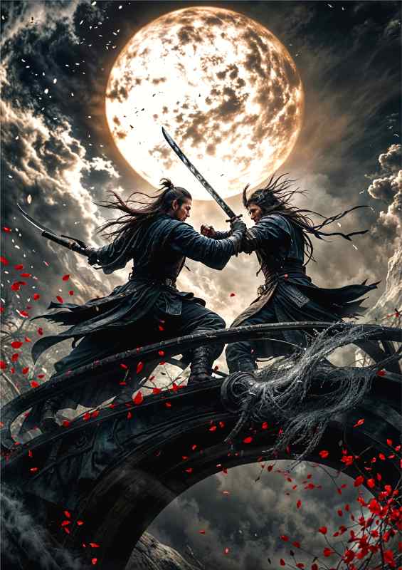 Samurai warriors fighting at full moon | Metal Poster