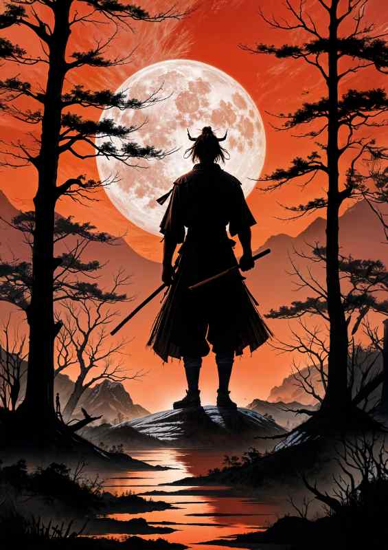 Silhouette of a samurai warrior with a full moon | Metal Poster