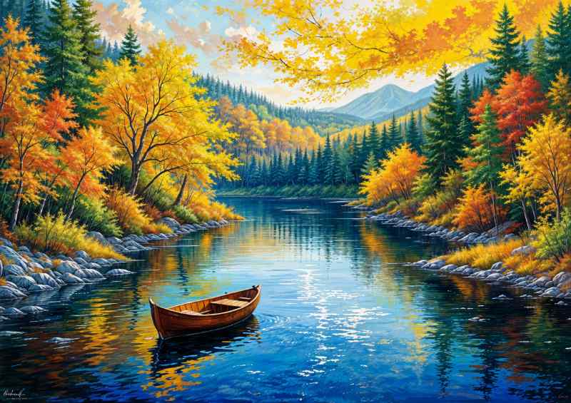 Boat on the lake in autumn | Metal Poster