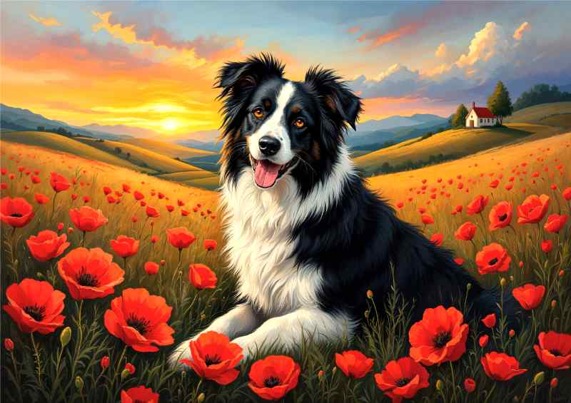 Collie in the poppy field | Metal Poster