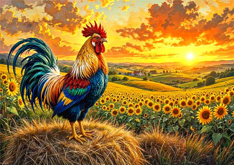 Rooster on the hay bail | Metal Poster