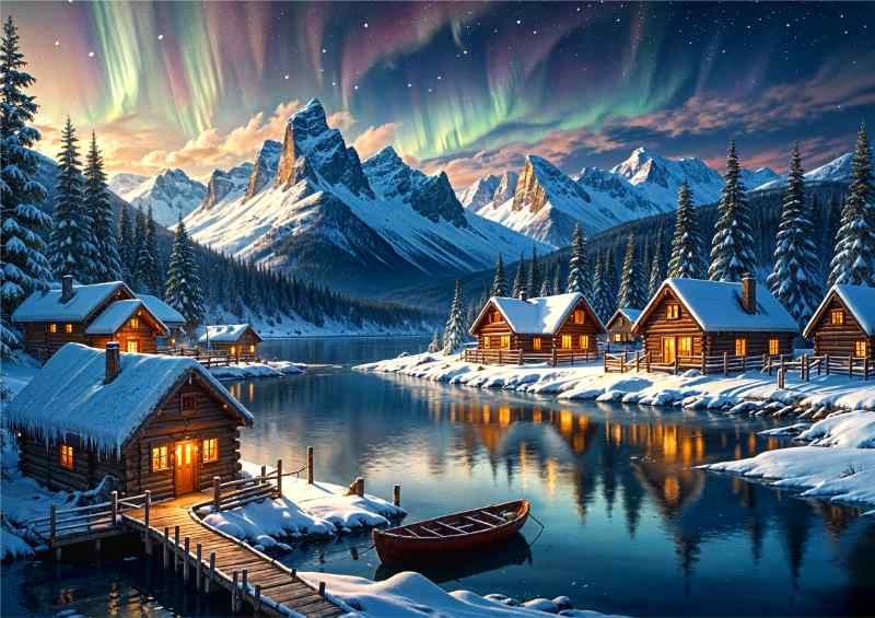 Log cabins by the snowy lake and mountains | Metal Poster
