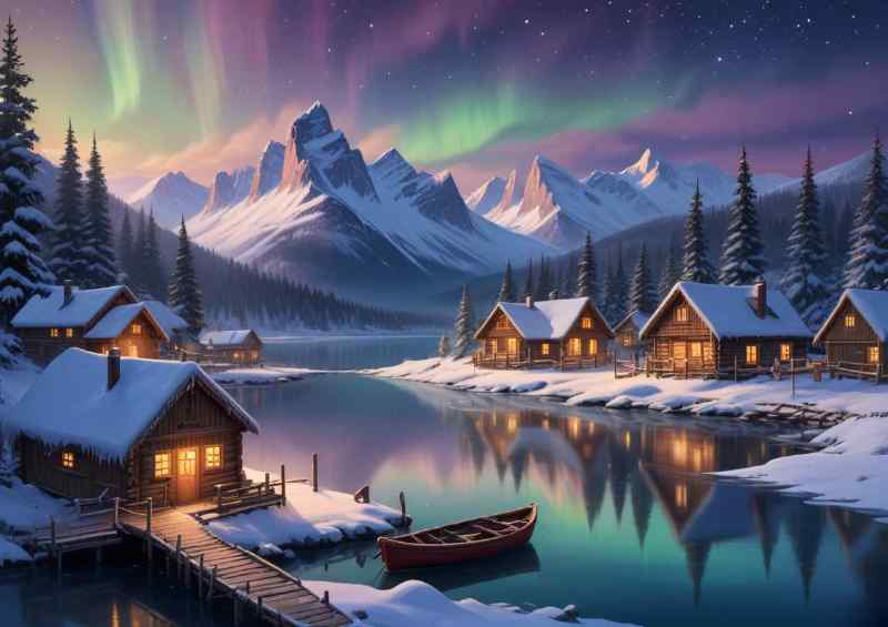 Snow filled mountains and log cabins | Metal Poster