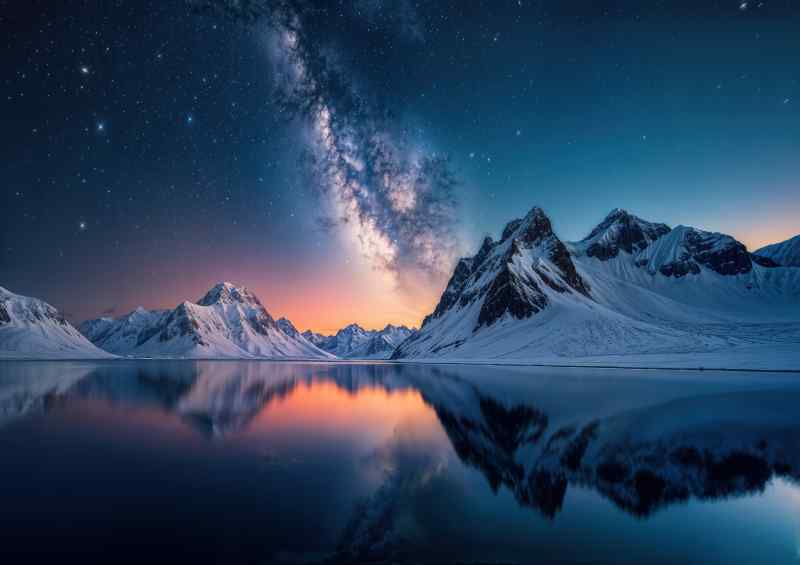 Snowy mountains reflected in a calm lake | Metal Poster