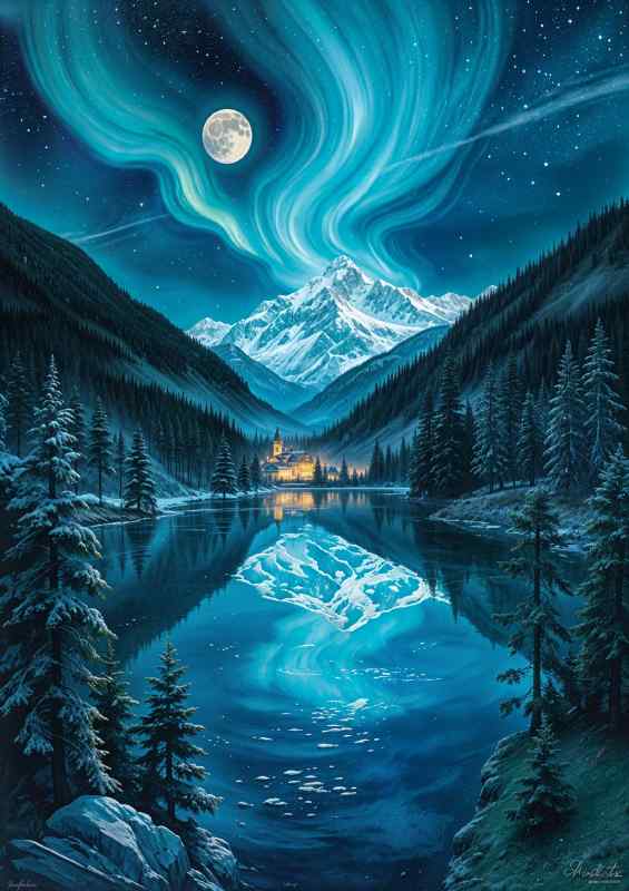 Moon lite by the mountains and river | Metal Poster