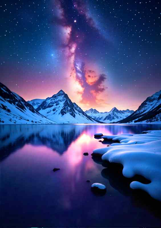 The night galaxy sky with the mountains and lake | Metal Poster