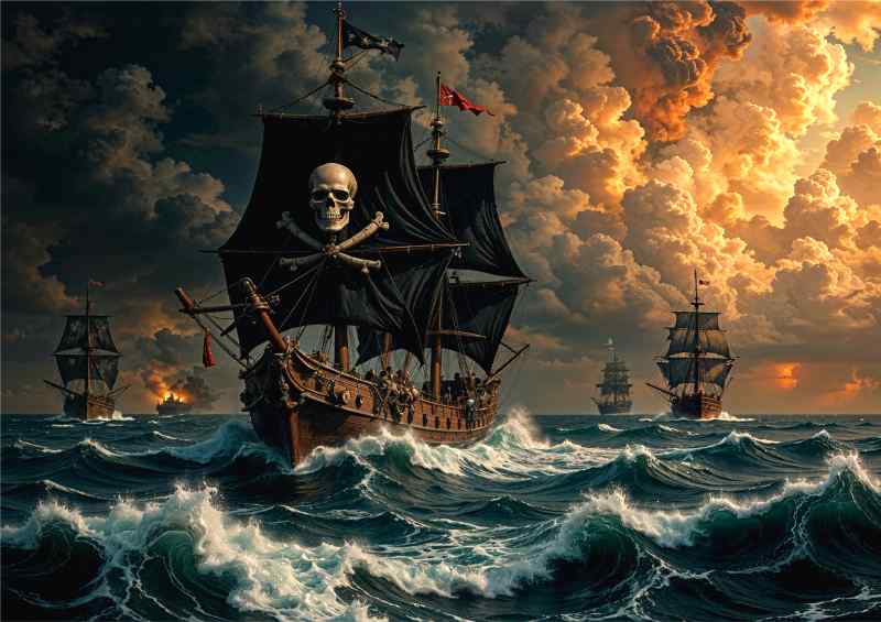 Pirate ship on the rough sea in battle | Metal Poster