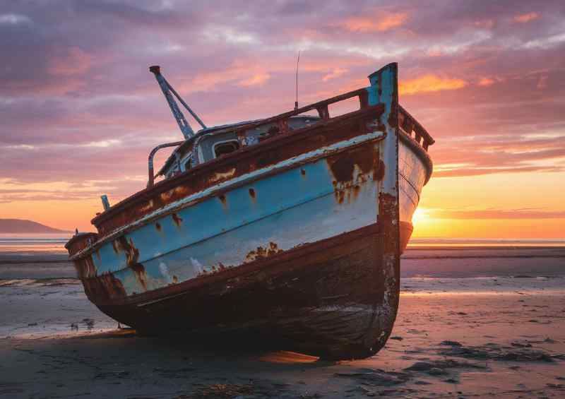 Rusted boat stranded on a sandy shore | Metal Poster