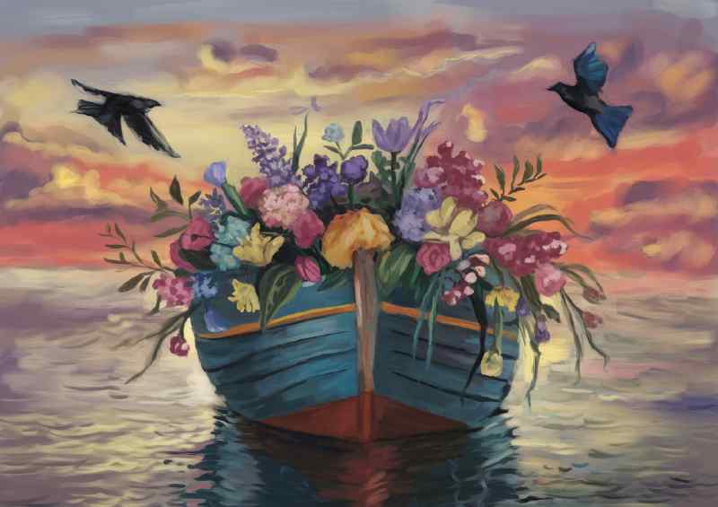 Serene seascape during sunset a boat a | Metal Poster