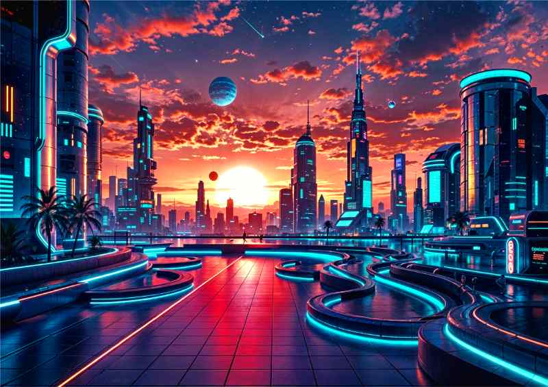 Future modern city neon at night | Metal Poster