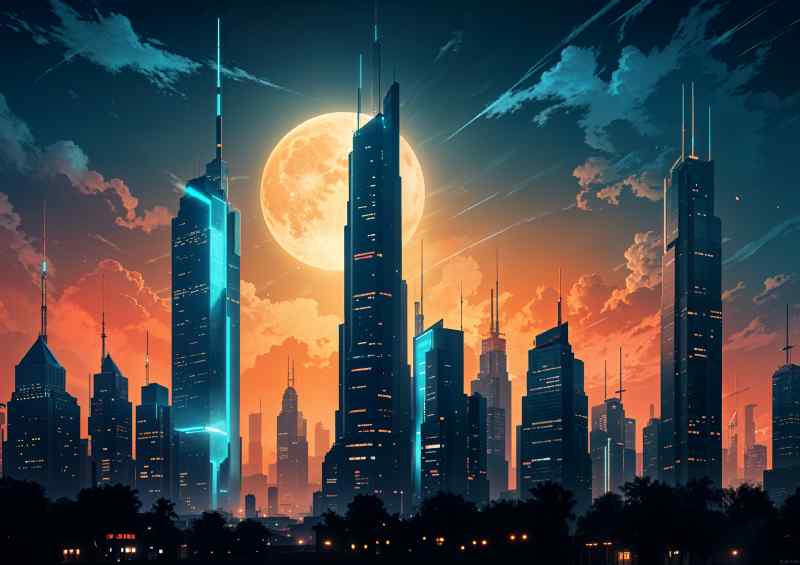 Future neon orange bright city | Metal Poster