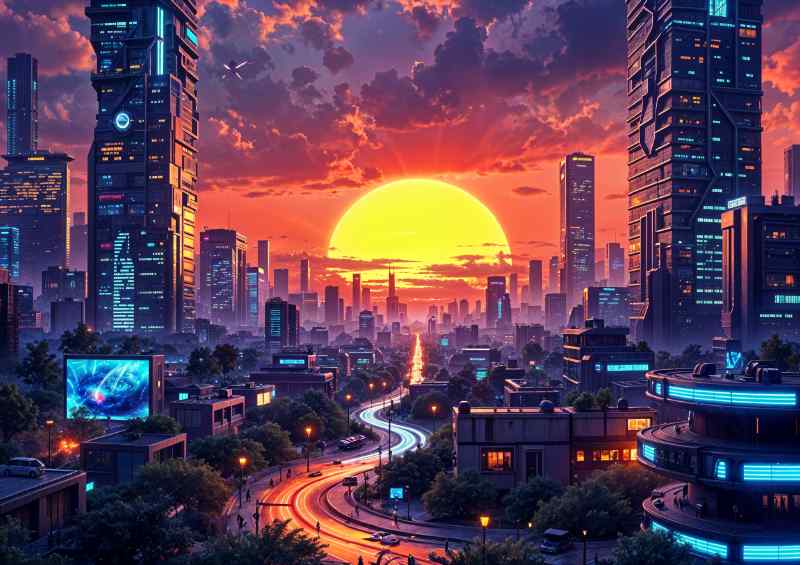 Futuristic modern neon town | Metal Poster