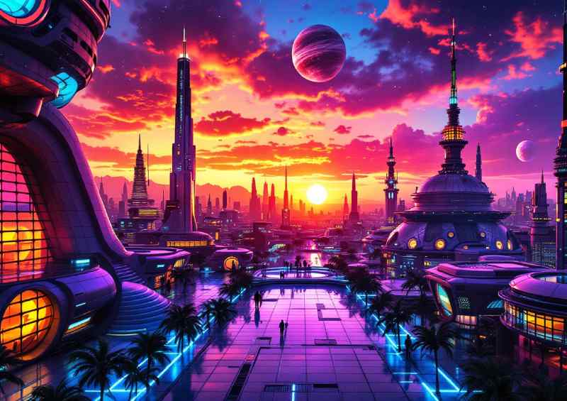 Overlooking the futuristic neon city at night | Metal Poster
