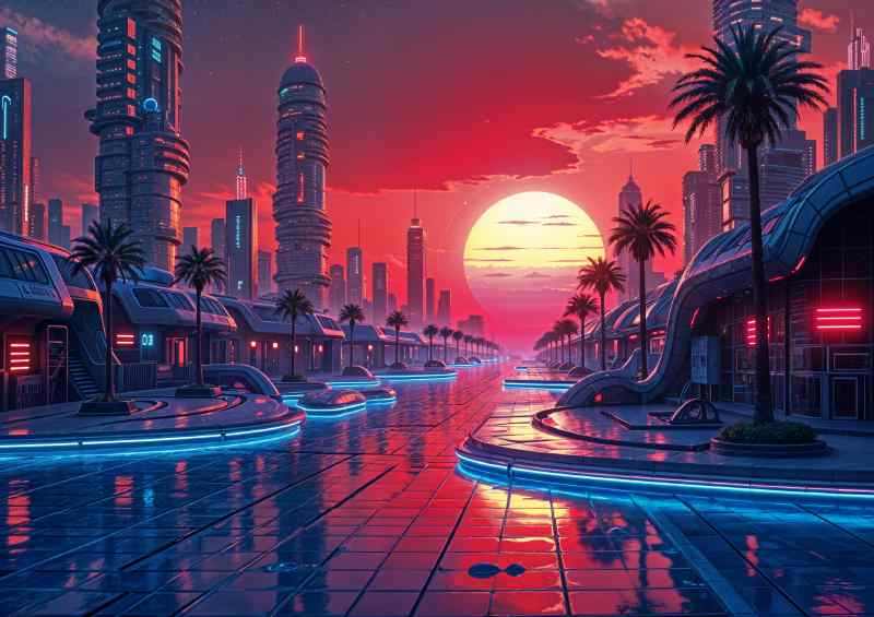 Setting planet over the neon city | Metal Poster