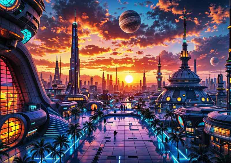 Sun rising over the bright neon lights | Metal Poster