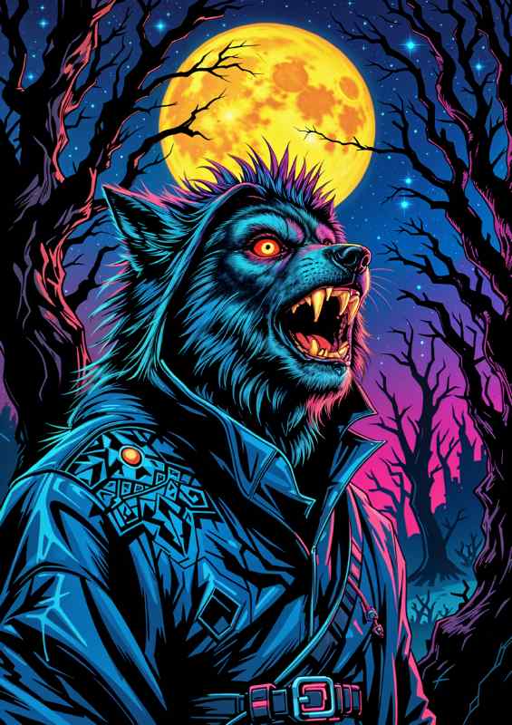 Wolf at night in neon colours | Metal Poster