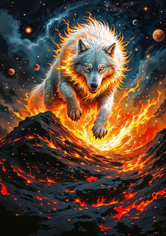 Space wolf through fire | Metal Poster
