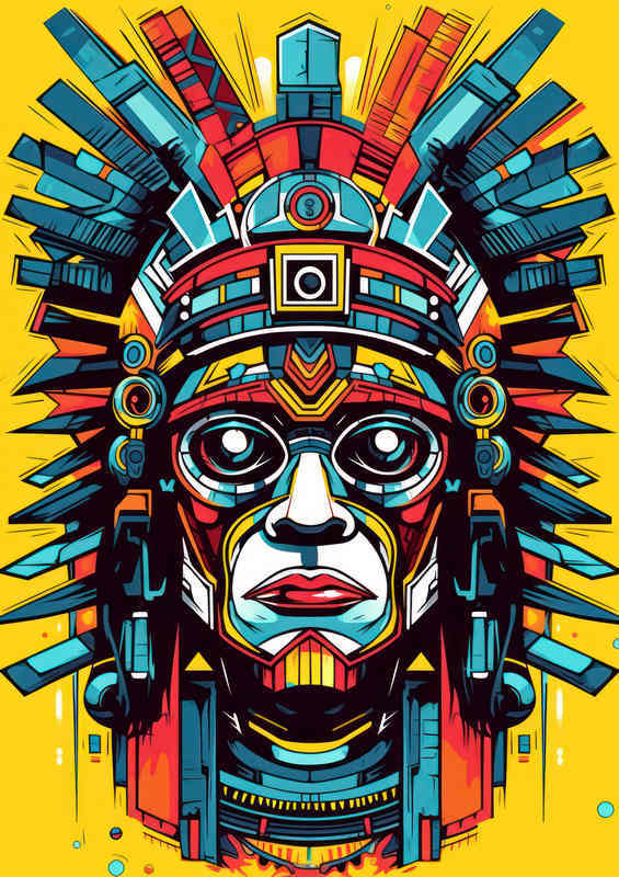 Aztec mans head face with a yellow background