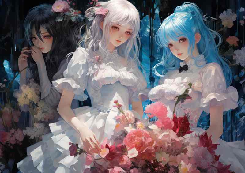 Anime girls in white dress surrounded by flowers