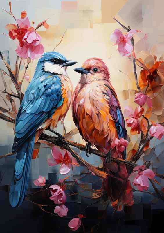 Birds amazing colour pallet on a perch with flowers