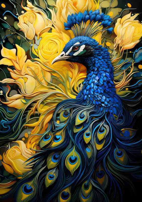 Blue Peacock surrounded by yellow flowers