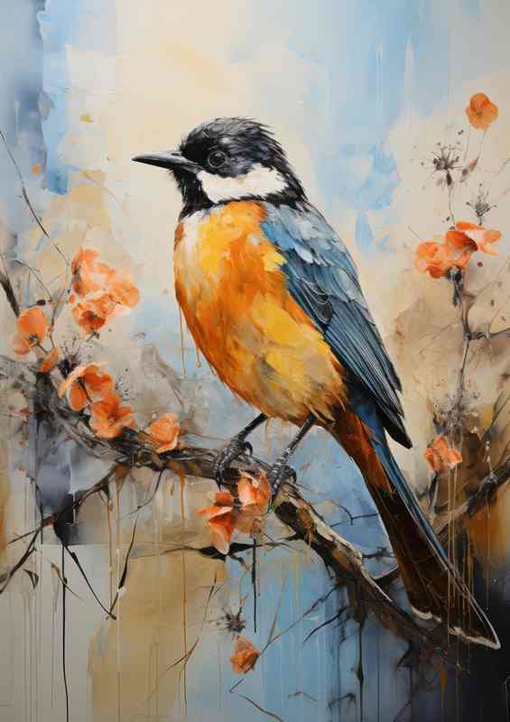 Blue tit on a perch with orange flowers