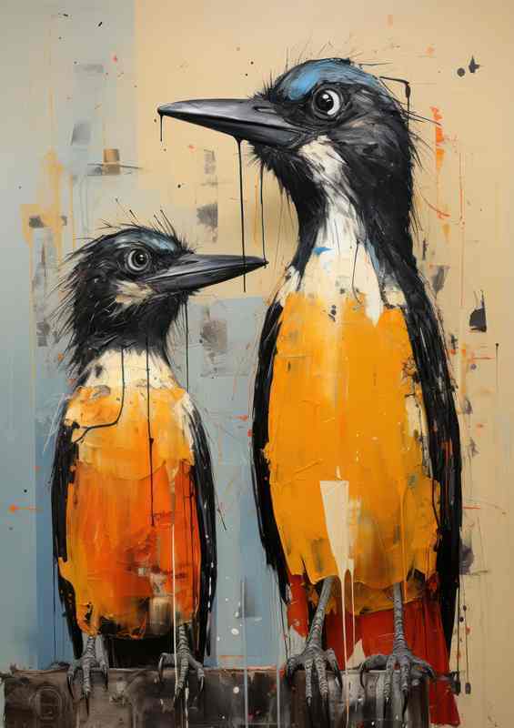 Colourful Birds od art on a yellow background