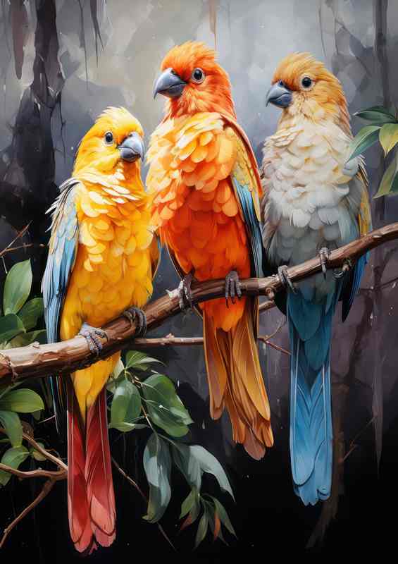 Colourful birds on a branch talking to each other
