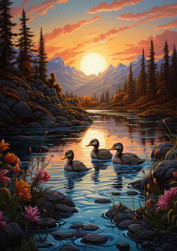 Ducklings in the mountains on the river side