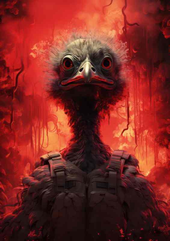 Emu flightless bird with red fire in the background