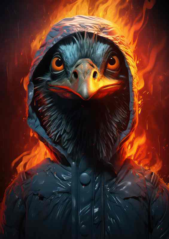 Emu in the hoodie with flames in the background