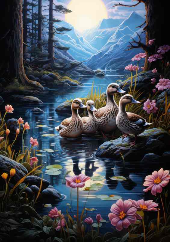 Family of Ducks In a woodland with mountains behind