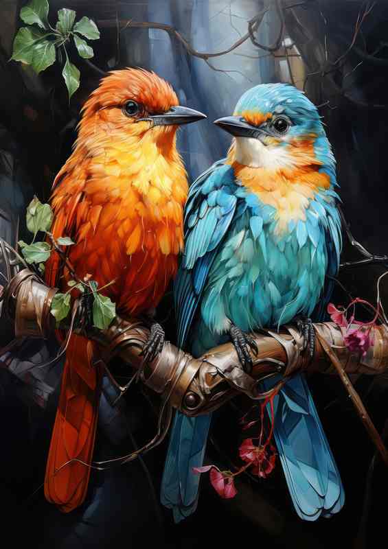 Love Birds on a branch looking at each other