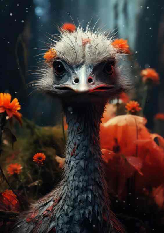 Ostrich in the woods with orange flowers