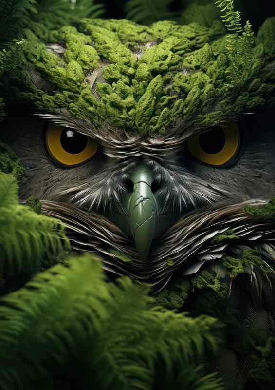 Owl with green moss hidden in the trees