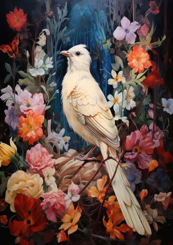 Painted dove art style embraced in flowers