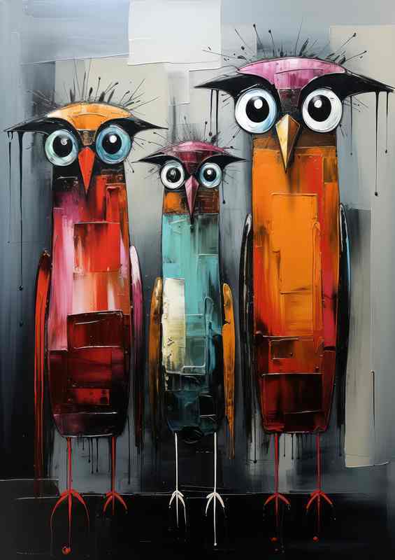 Painted style art birds posing for photo