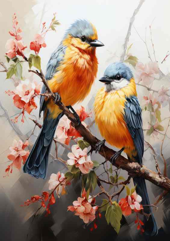 Painted style birds surrounded by flowers