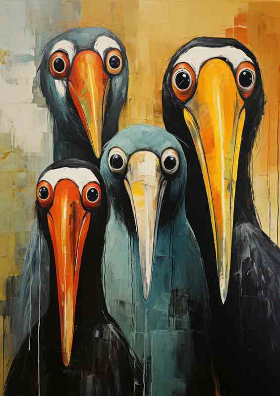 Pelicans with a yellow background painted aart style