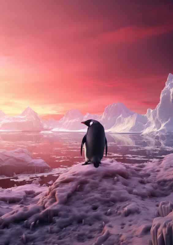 Penguin alone on a ice rock with a purple haze
