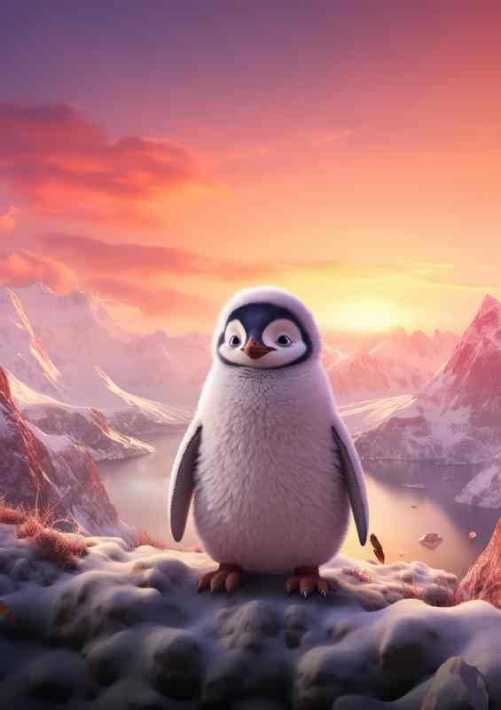 Penguin alone with the setting sun and purple sky