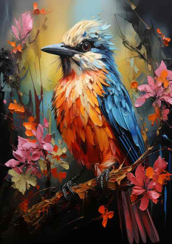 Small bird orange chest blue wings coloured flowers