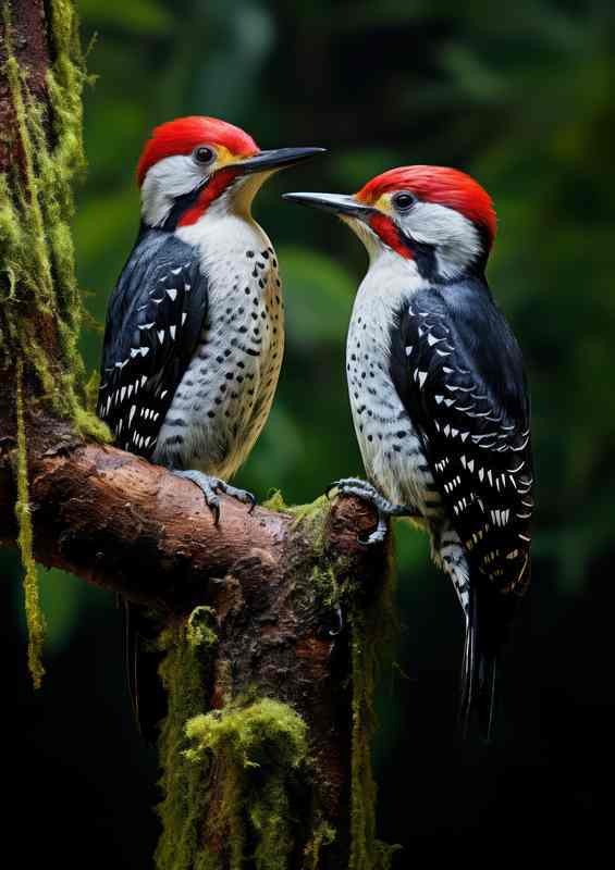 Spotted Woodpeckers on a branch in the woods