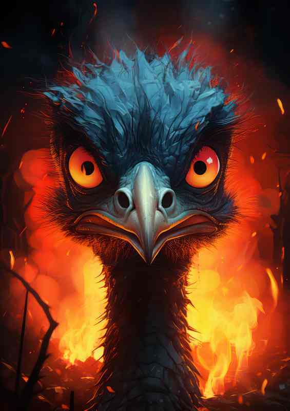 Strange emu running from the fire in the woods