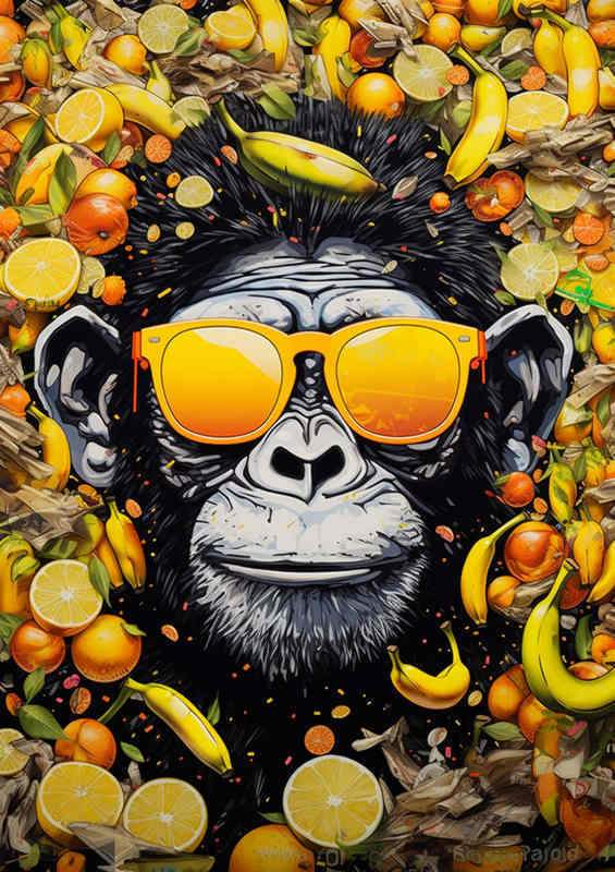Monkey in sunglasses surrounded by fruit