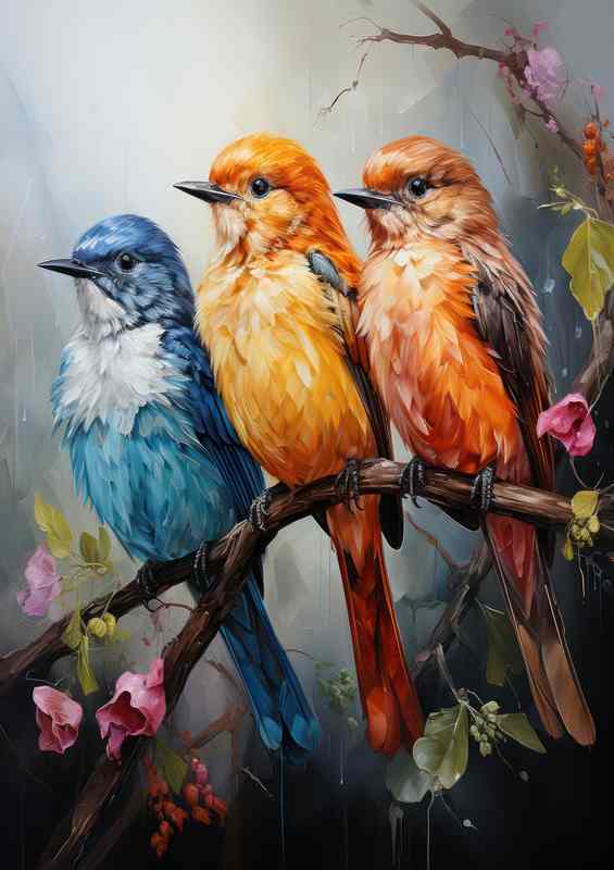 Three Birds amazing colours on a branch singing